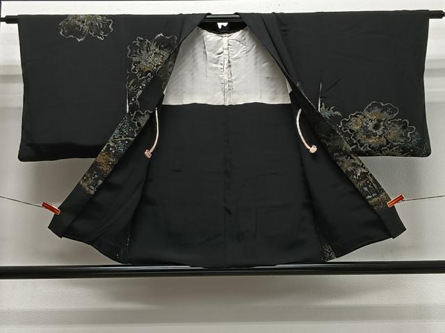 平和屋着物#羽織 寿光織 草花文 黒地 金銀糸 正絹 逸品 CABL4059ua
