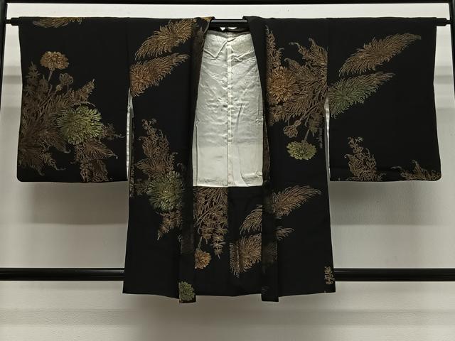 平和屋着物#羽織 寿光織 草花文 黒地 金糸 正絹 逸品 CABL4098ua