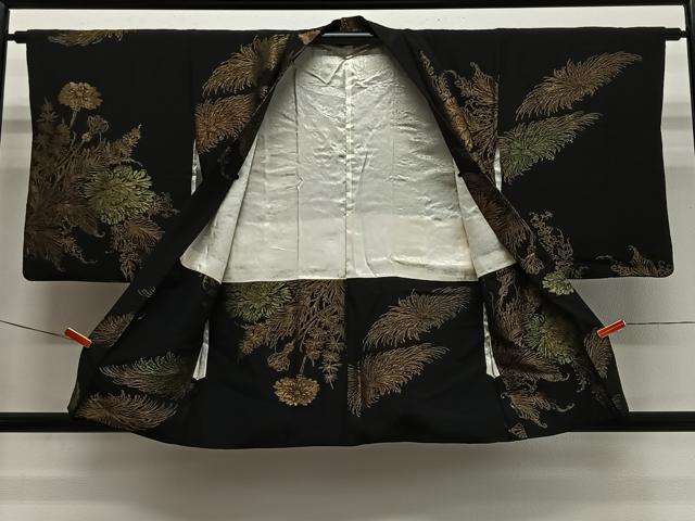 平和屋着物#羽織 寿光織 草花文 黒地 金糸 正絹 逸品 CABL4098ua