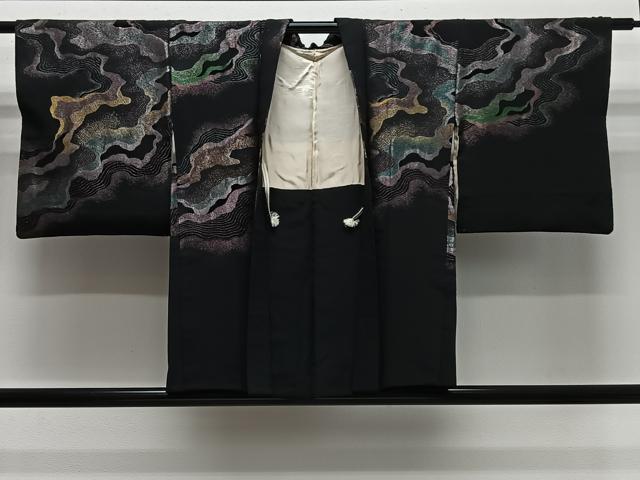 平和屋着物#羽織 寿光織 流水文 黒地 金銀糸 正絹 逸品 CABL4100ua