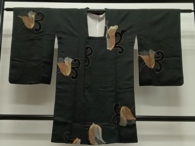 平和屋着物#道行コート ビロード 花唐草文 黒地 金銀糸 正絹 逸品 CABL4121ua