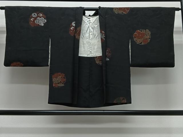 平和屋着物#羽織 寿光織 雪輪草花文 黒地 銀糸 正絹 逸品 CABL4137ua
