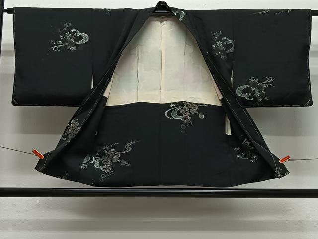 平和屋着物#羽織 寿光織 流水草花文 黒地 銀糸 正絹 逸品 CABL4153ua