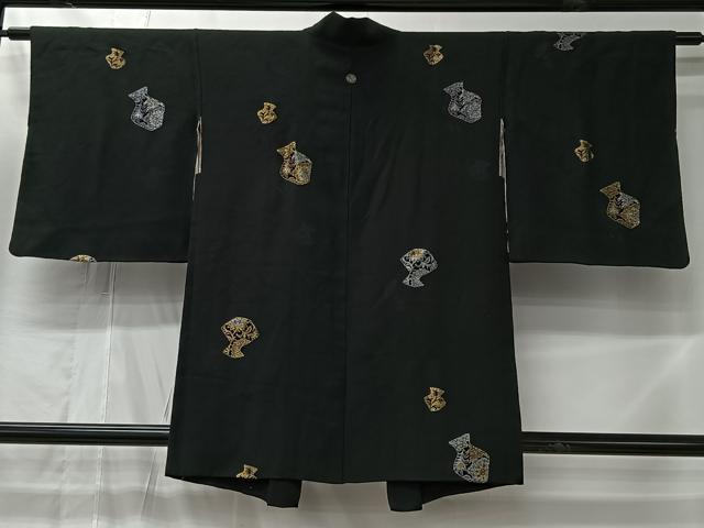 平和屋着物#羽織 寿光織 陶器文 黒地 金銀糸 正絹 逸品 CABL4184ua