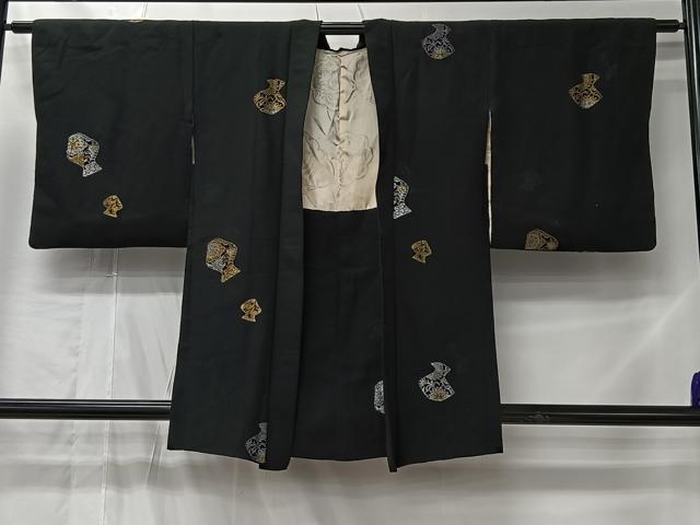 平和屋着物#羽織 寿光織 陶器文 黒地 金銀糸 正絹 逸品 CABL4184ua