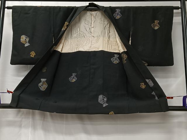 平和屋着物#羽織 寿光織 陶器文 黒地 金銀糸 正絹 逸品 CABL4184ua