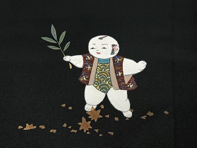 平和屋着物#羽織 手描き 唐子 黒地 金彩 正絹 逸品 CABL4235ua