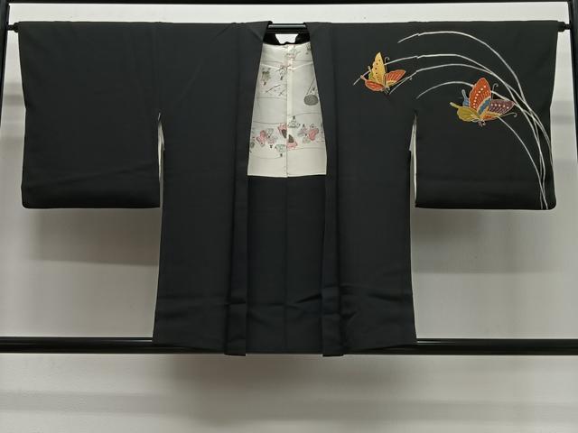 平和屋着物#羽織 駒刺繍 舞蝶文 黒地 金彩 正絹 逸品 CABL4274ua