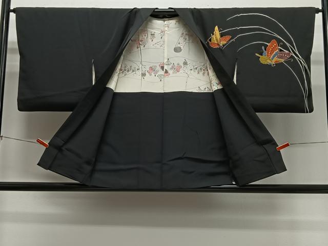 平和屋着物#羽織 駒刺繍 舞蝶文 黒地 金彩 正絹 逸品 CABL4274ua