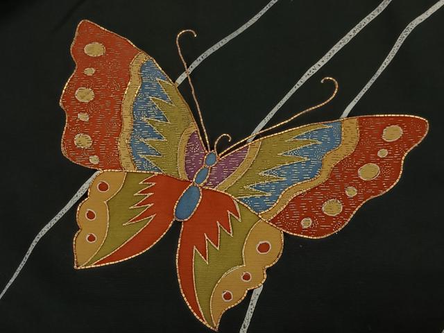 平和屋着物#羽織 駒刺繍 舞蝶文 黒地 金彩 正絹 逸品 CABL4274ua