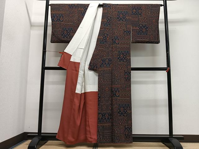 平和屋着物■上質な小紋 更紗花文 鬼しぼ縮緬 正絹 逸品 CABL4373ua