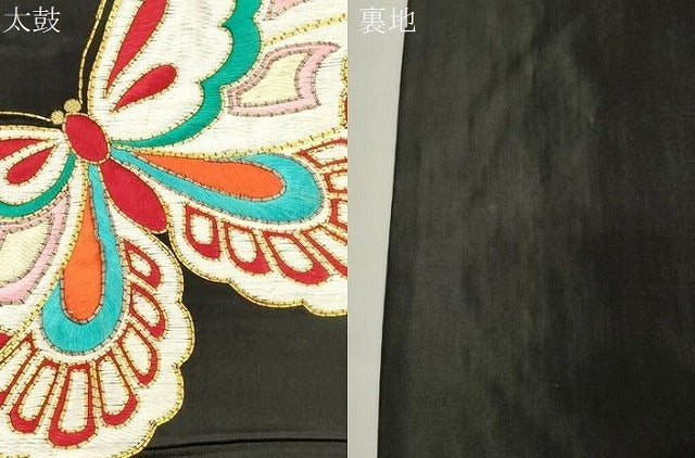 平和屋着物●アンティーク 大正ロマン 九寸名古屋帯 総刺繍 駒刺繍 舞蝶文 黒地 正絹 逸品 CABL4403dy