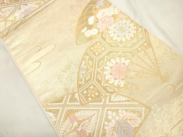 平和屋本店▼六通柄 本袋帯 唐織 扇面双鶴花文 純金二重金箔 正絹 逸品 CABL4448dy
