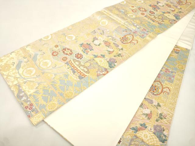 平和屋本店▼六通柄袋帯 赤手箱牡丹蒔絵之図 本金箔 正絹 逸品 CABL4477dy
