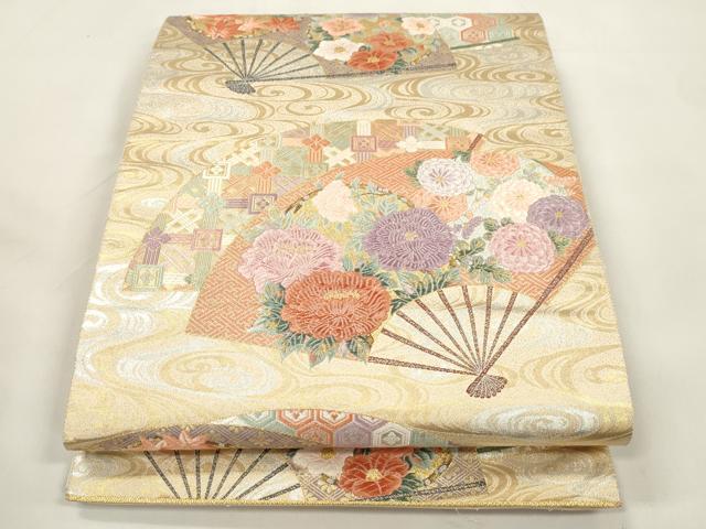平和屋本店▼六通柄袋帯 唐織 流水扇面草花丸文 本金箔末広錦 正絹 逸品 CABL4478dy