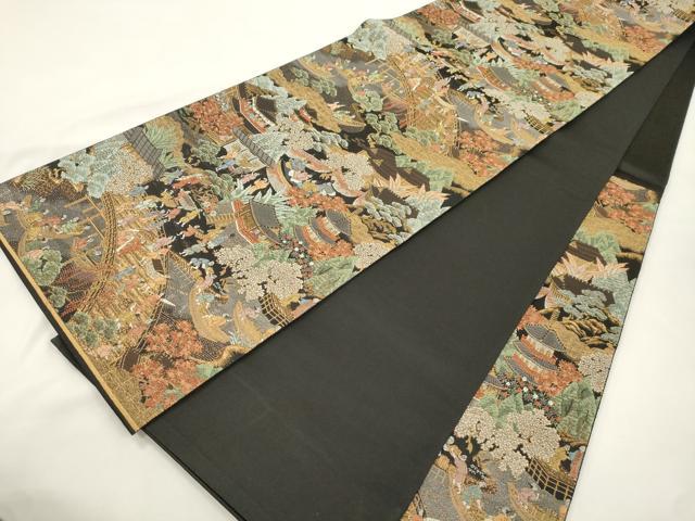 平和屋本店▼六通柄袋帯 京三条大橋 黒地 本金箔 正絹 逸品 CABL4481dy