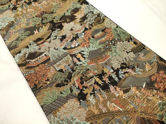 平和屋本店▼六通柄袋帯 京三条大橋 黒地 本金箔 正絹 逸品 CABL4481dy