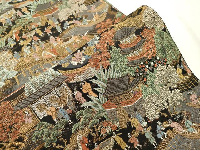 平和屋本店▼六通柄袋帯 京三条大橋 黒地 本金箔 正絹 逸品 CABL4481dy