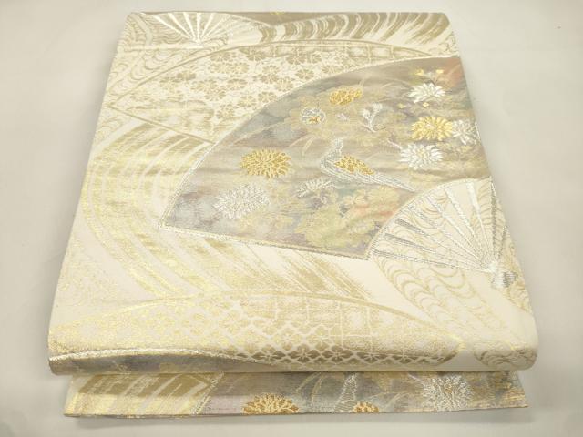 平和屋本店▼六通柄袋帯 扇面花鳥文 純金箔二重引 24金 正絹 逸品 CABL4512dy