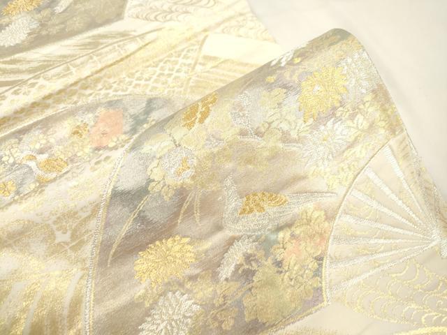 平和屋本店▼六通柄袋帯 扇面花鳥文 純金箔二重引 24金 正絹 逸品 CABL4512dy