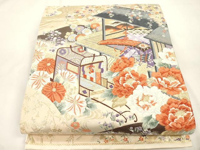 平和屋本店▼六通柄袋帯 唐織 風景文 九百錦純金箔24K 正絹 逸品 CABL4540dy