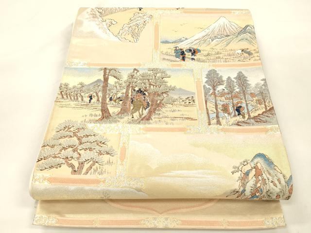 平和屋本店▼全通全景柄袋帯 廣重東海道五十三次 純金箔 正絹 逸品 CABL4557dy