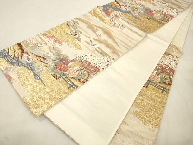 平和屋本店▼六通柄袋帯 唐織 御所車飛鶴花文 本金二重箔 正絹 逸品 CABL4563dy
