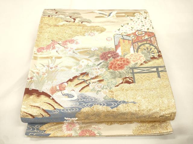平和屋本店▼六通柄袋帯 唐織 御所車飛鶴花文 本金二重箔 正絹 逸品 CABL4563dy