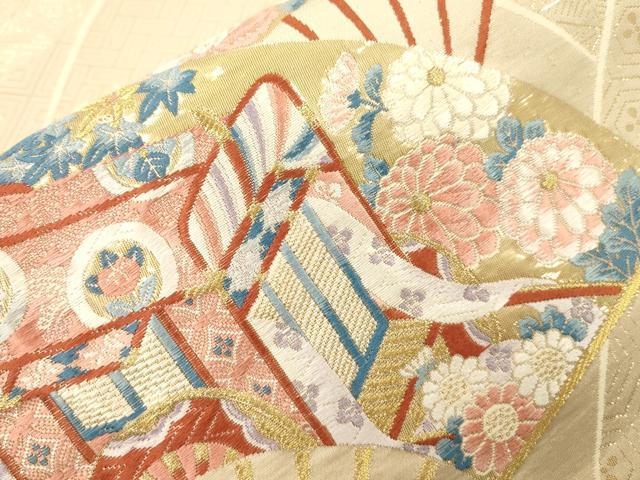 平和屋本店▼六通柄袋帯 しょう美 扇面花鳥文 九百錦24金箔 正絹 逸品 CABL4565dy