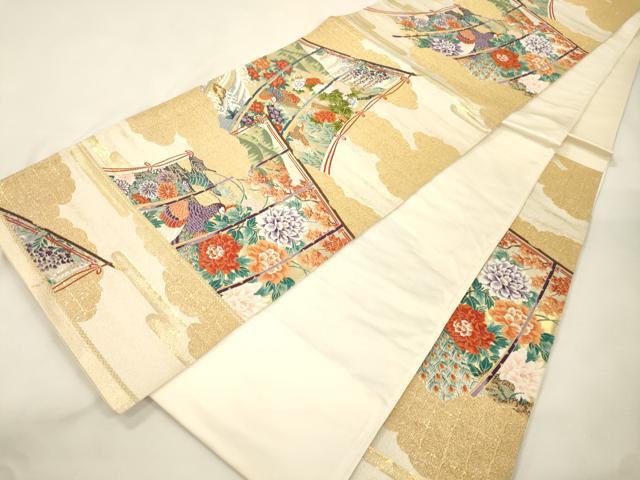 平和屋本店▼「美しいキモノ」お馴染みのメーカー となみ織物 六通柄袋帯 誰が袖孔雀花文 純金箔 正絹 逸品 CABL4569dy