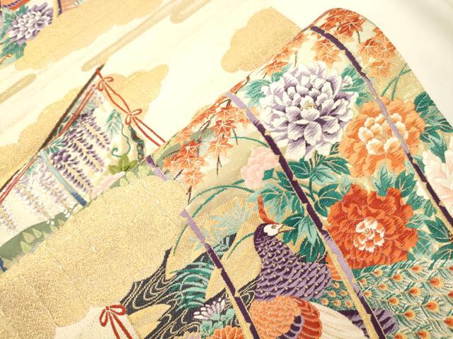 平和屋本店▼「美しいキモノ」お馴染みのメーカー となみ織物 六通柄袋帯 誰が袖孔雀花文 純金箔 正絹 逸品 CABL4569dy