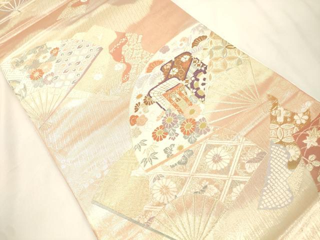 平和屋本店▼六通柄袋帯 扇面御所車花文 本金箔二重織 正絹 逸品 CABL4579dy