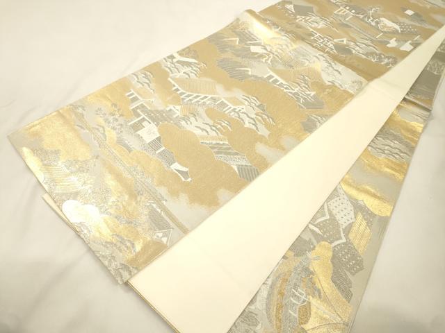 平和屋本店▼全通全景柄袋帯 風景文 プラチナ本金二重箔 正絹 逸品 未使用 CABL4582dy