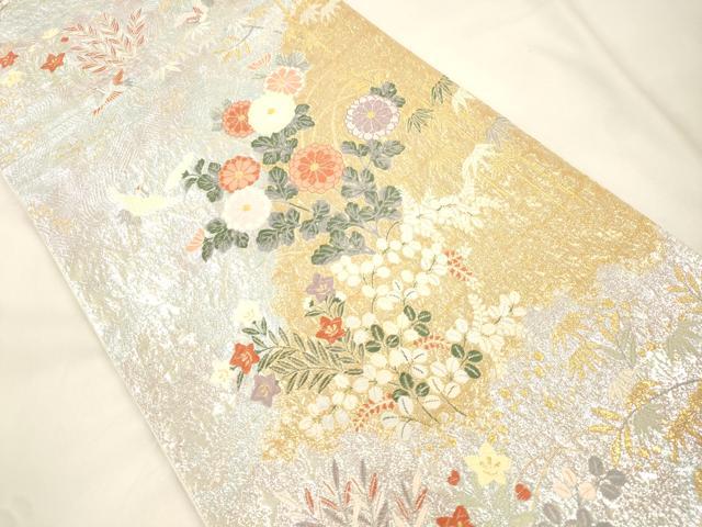 平和屋本店▼六通柄袋帯 唐織 飛鶴草花文 本金箔 正絹 逸品 CABL4584dy
