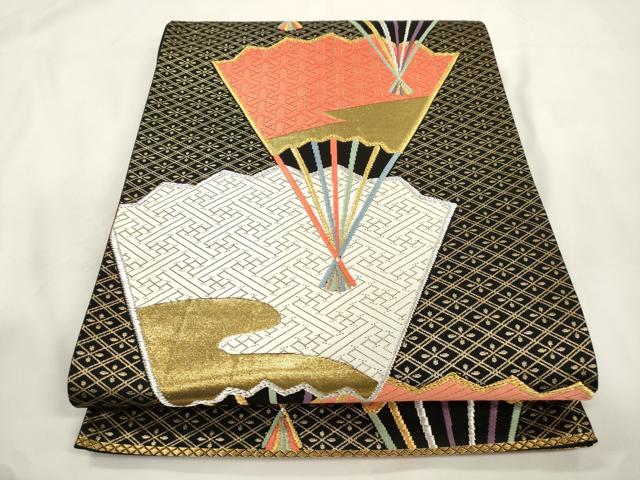 平和屋本店▼六通柄袋帯 優美錦 扇面文 黒地 本金銀二重箔 正絹 逸品 CABL4606dy