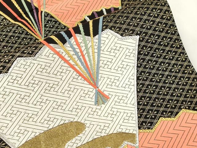 平和屋本店▼六通柄袋帯 優美錦 扇面文 黒地 本金銀二重箔 正絹 逸品 CABL4606dy