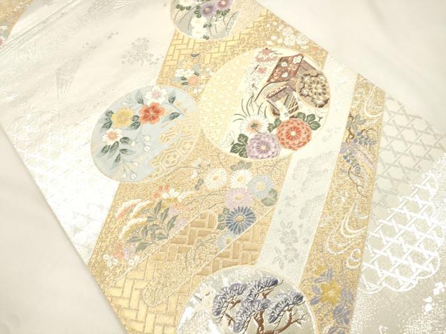 平和屋本店▼六通柄袋帯 春秋花丸文 九百本金弐重織 正絹 逸品 CABL4619dy