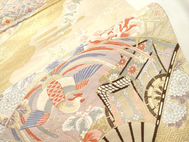 平和屋本店▼六通柄袋帯 唐織 扇面花鳥文 九百錦24K本金箔 正絹 逸品 CABL4635dy