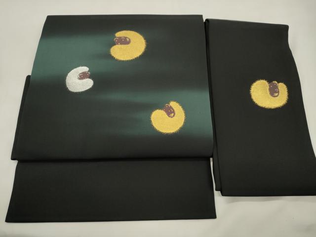 平和屋着物●塩瀬 つけ帯 動物文 黒地 金銀彩 正絹 逸品 CABL4754dy
