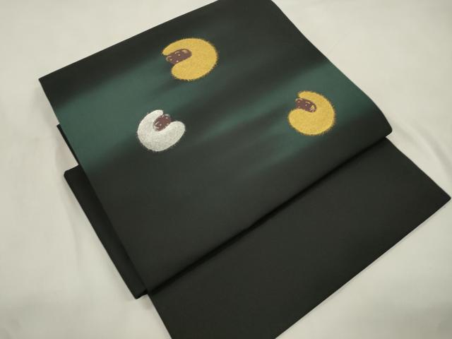 平和屋着物●塩瀬 つけ帯 動物文 黒地 金銀彩 正絹 逸品 CABL4754dy