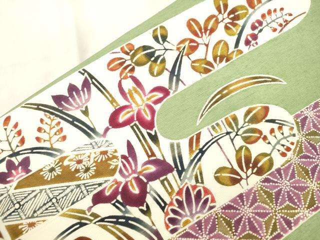 平和屋着物●つけ帯 型染め 草花文 正絹 逸品 CABL4756dy