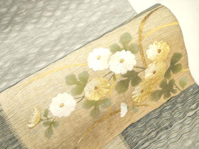 平和屋着物▽太鼓柄袋帯 スリーシーズン 春夏秋 櫛織 刺繍 草花文 金銀彩 正絹 逸品 CABL4758dy