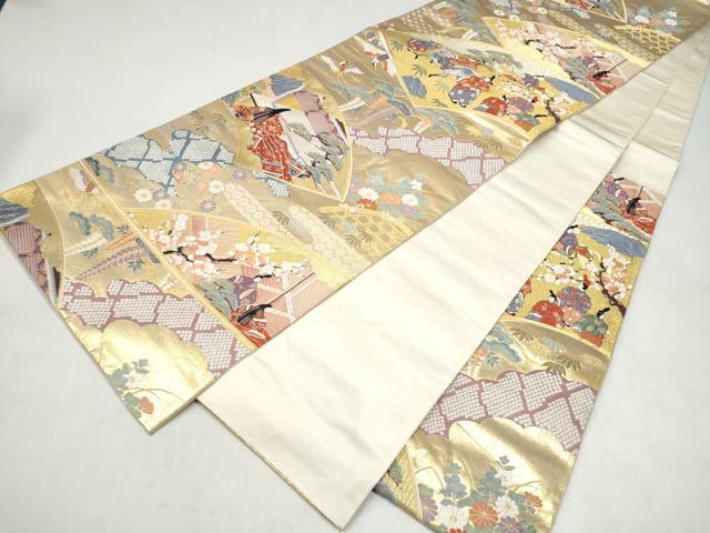 平和屋本店▼六通柄袋帯 唐織 地紙人物風景文 本金箔 正絹 逸品 CABL4843hy