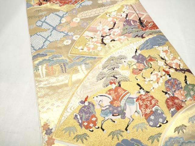 平和屋本店▼六通柄袋帯 唐織 地紙人物風景文 本金箔 正絹 逸品 CABL4843hy