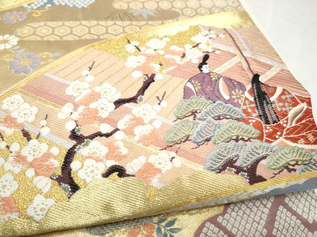 平和屋本店▼六通柄袋帯 唐織 地紙人物風景文 本金箔 正絹 逸品 CABL4843hy