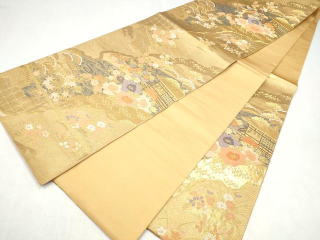 平和屋本店▼六通柄袋帯 風景草花文 純金二重箔 正絹 逸品 CABL4861hy