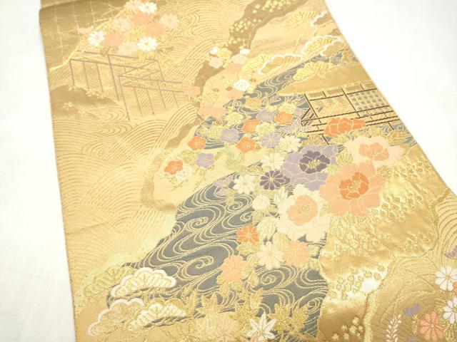 平和屋本店▼六通柄袋帯 風景草花文 純金二重箔 正絹 逸品 CABL4861hy