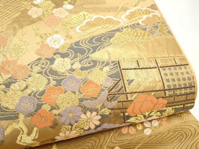 平和屋本店▼六通柄袋帯 風景草花文 純金二重箔 正絹 逸品 CABL4861hy