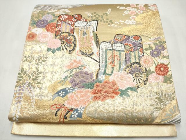 平和屋本店▼西陣の老舗 1782年創業 山下織物 六通柄袋帯 唐織 御車鴛鴦絵図 本金箔 証紙付き 正絹 逸品 CABL4870hy