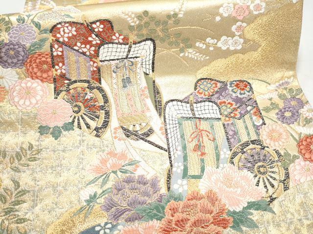 平和屋本店▼西陣の老舗 1782年創業 山下織物 六通柄袋帯 唐織 御車鴛鴦絵図 本金箔 証紙付き 正絹 逸品 CABL4870hy
